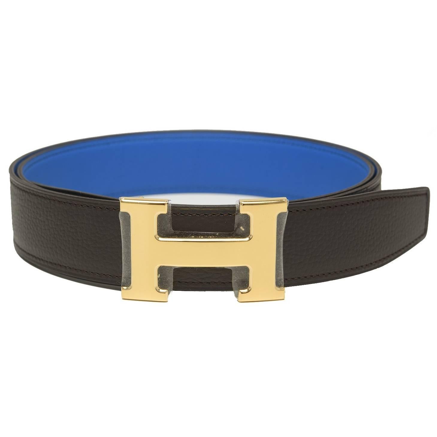 Hermes 32mm Reversible Prunoir/Blue Hydra Constance H Belt 95cm Gold Buckle