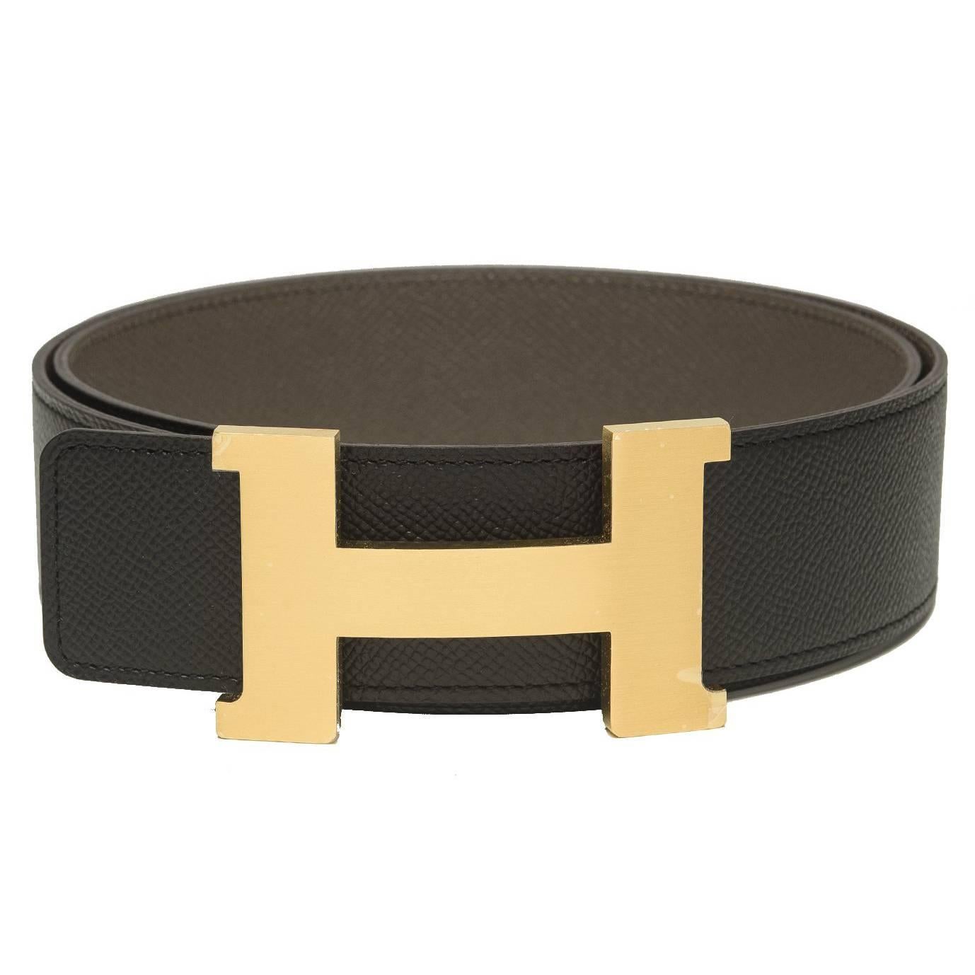 Hermes 42mm Reversible Black/Etain Constance H Belt 90cm Brushed Gold Buckle For Sale