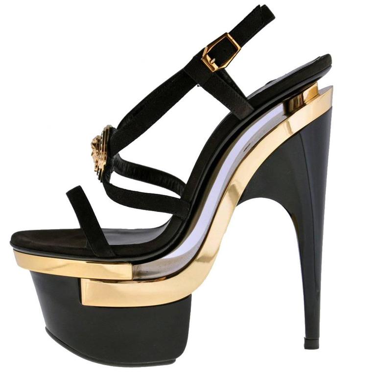 VERSACE Triple Platform Black Gold Medusa Swarovski Crystals Sandals ...