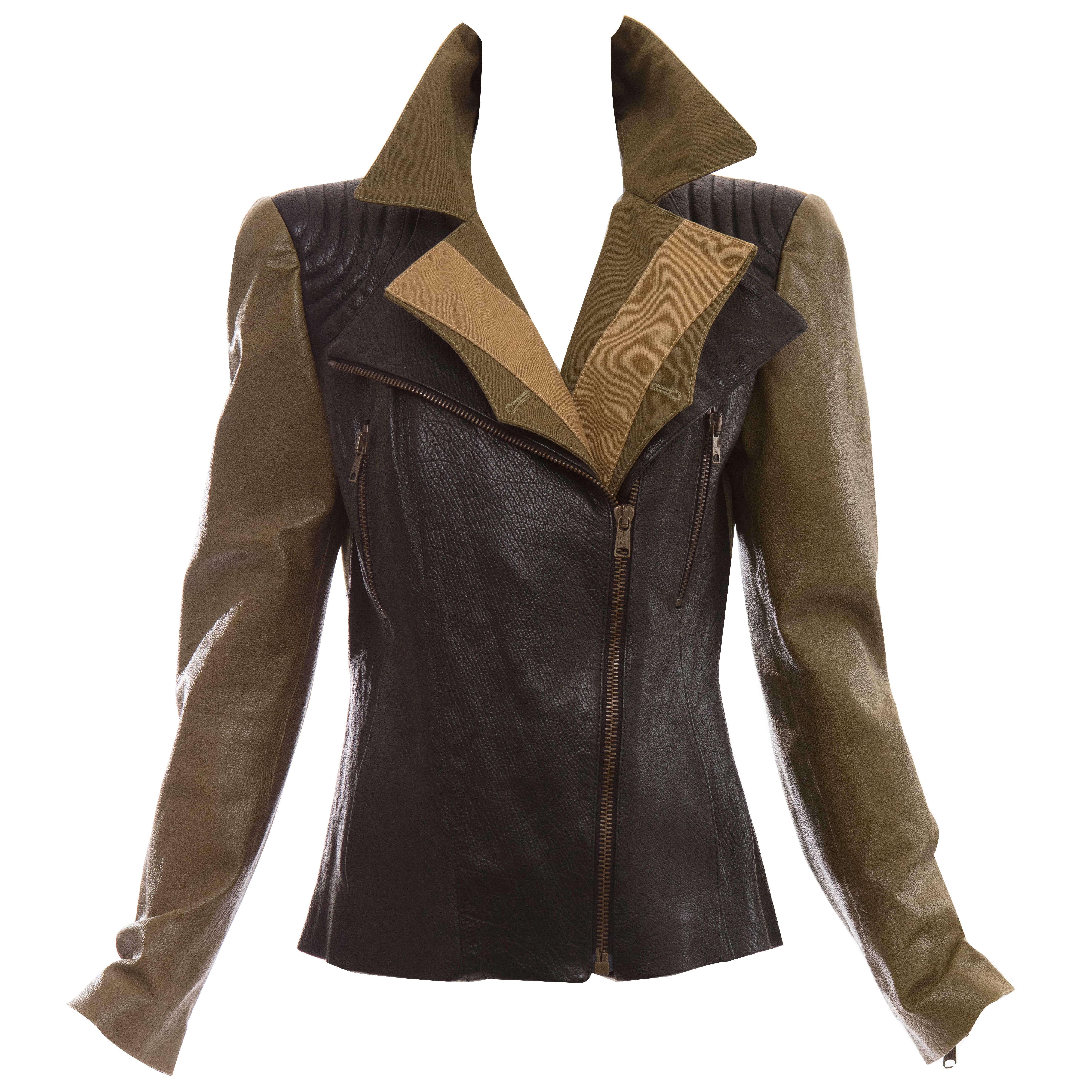 Alexander McQueen Olive Green Black Leather Zip Front Jacket  For Sale