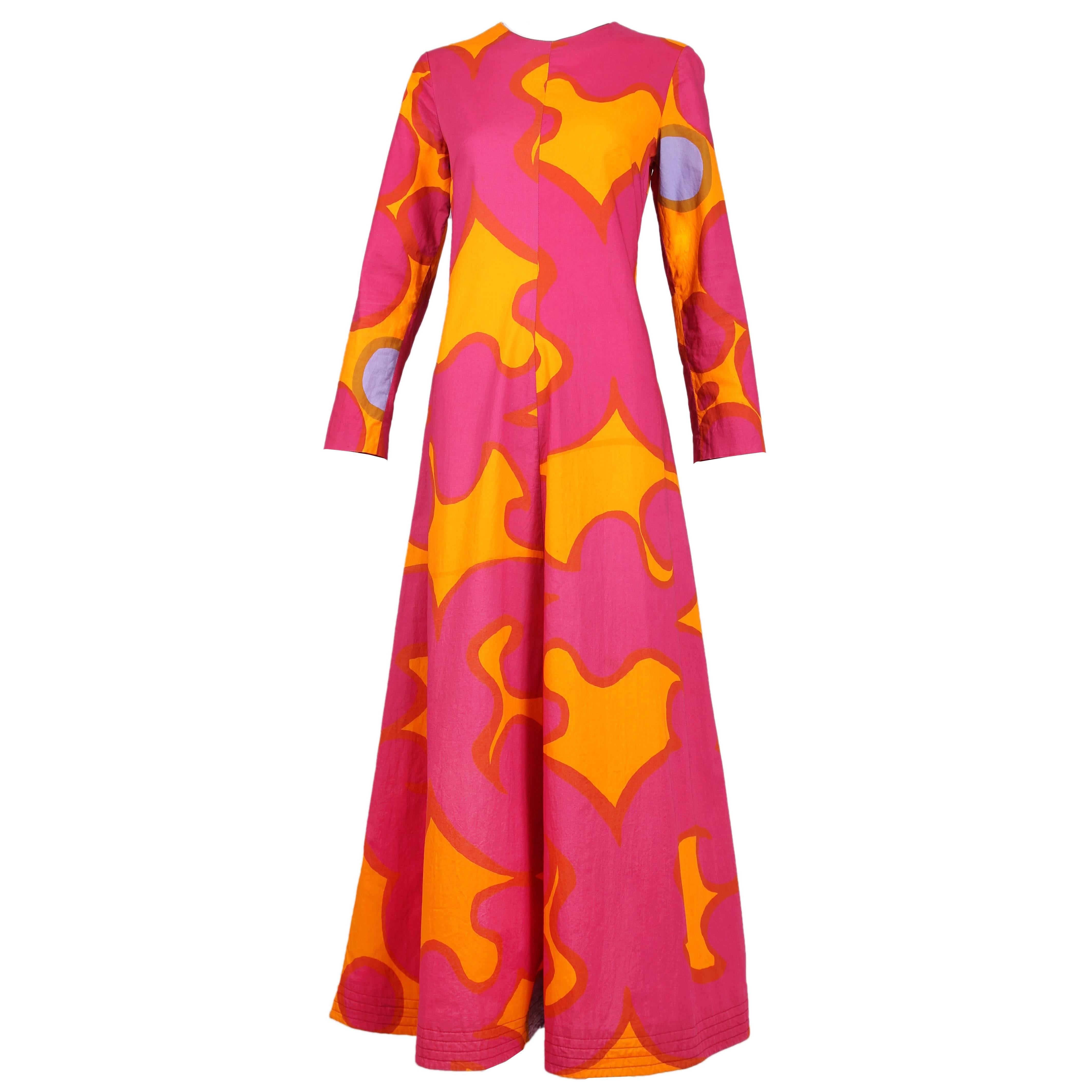 Vintage Marimekko Pink & Orange Cotton Abstract Print Maxi Dress