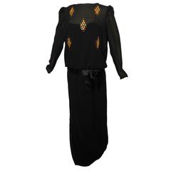 Evenings by Raul Blanco Black Silk Evening Gown Colorful Diamond Crystals 90s L 11