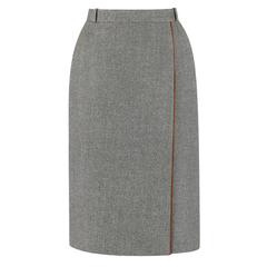 GUCCI c.1970's Gray Wool Classic Wrap Skirt Brown Leather Piping Trim