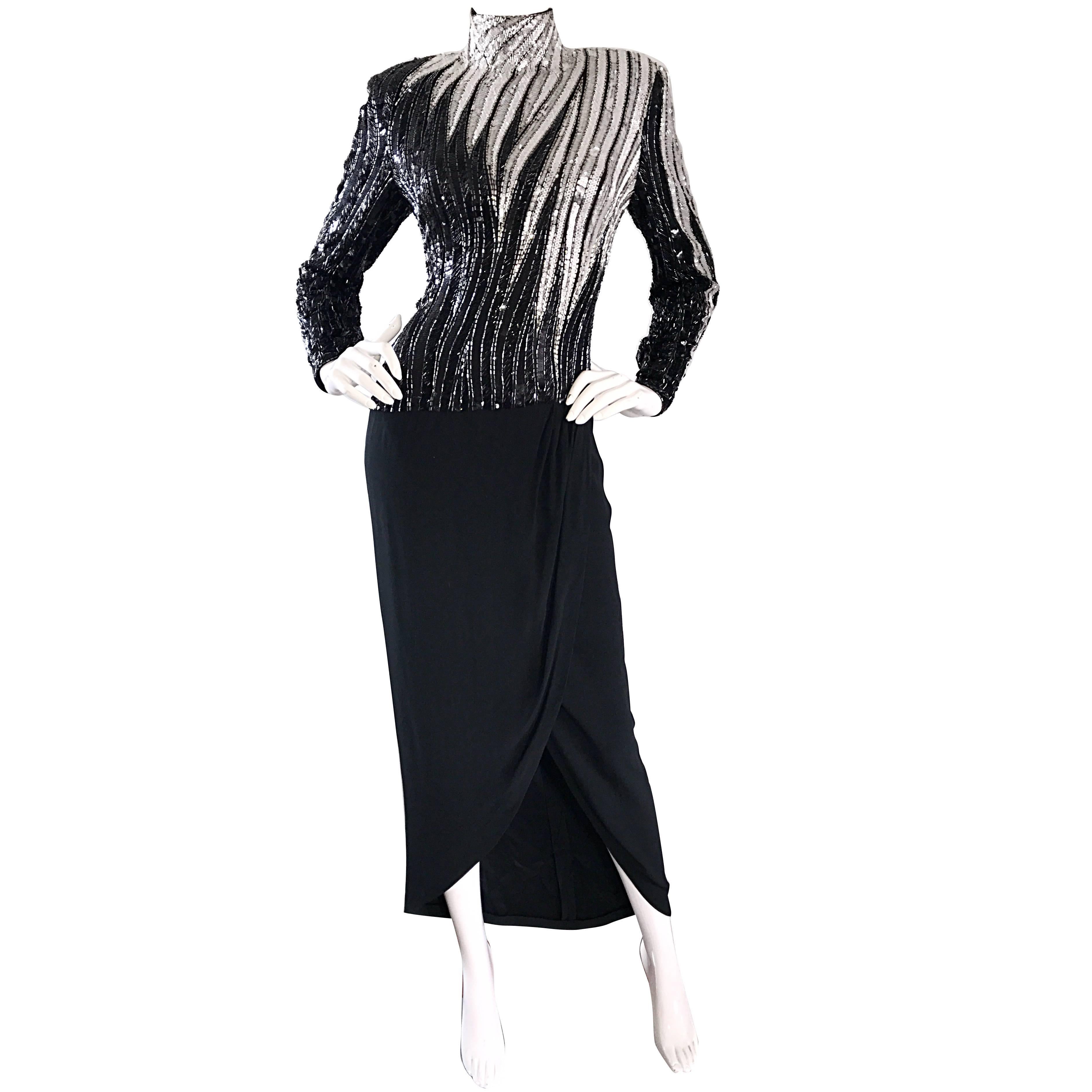 Sensational Vintage Bob Mackie Black and Silver 80s Heavily Beaded Dramatic Gown For Sale