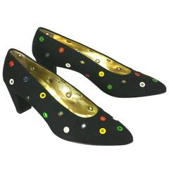 Vintage Walter Steiger Black Linen Pumps with Colorful Eyelets