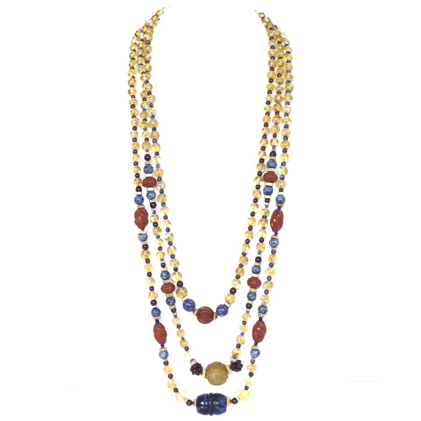 Multi-Colored 3 Strand Beaded Semi-Precious Stone Necklace