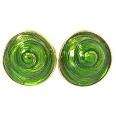 Yves Saint Laurent YSL Vintage XL Green Swirl Clip On Earrings