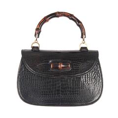 GUCCI Vintage Black Crocodile leather BAMBOO BAG Top Handle HANDBAG