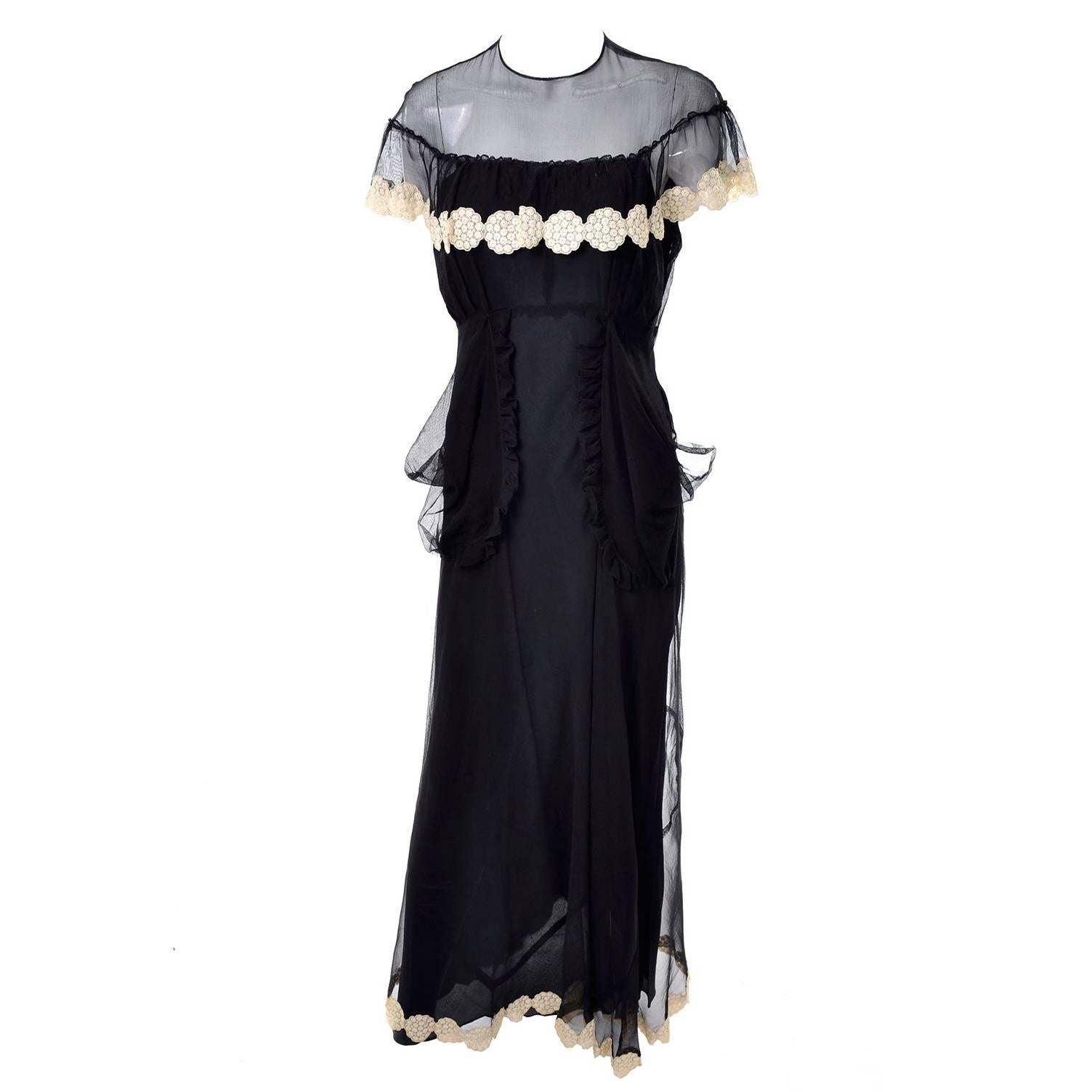1930s Black Organza Vintage Dress Ivory Lace Applique Evening Gown
