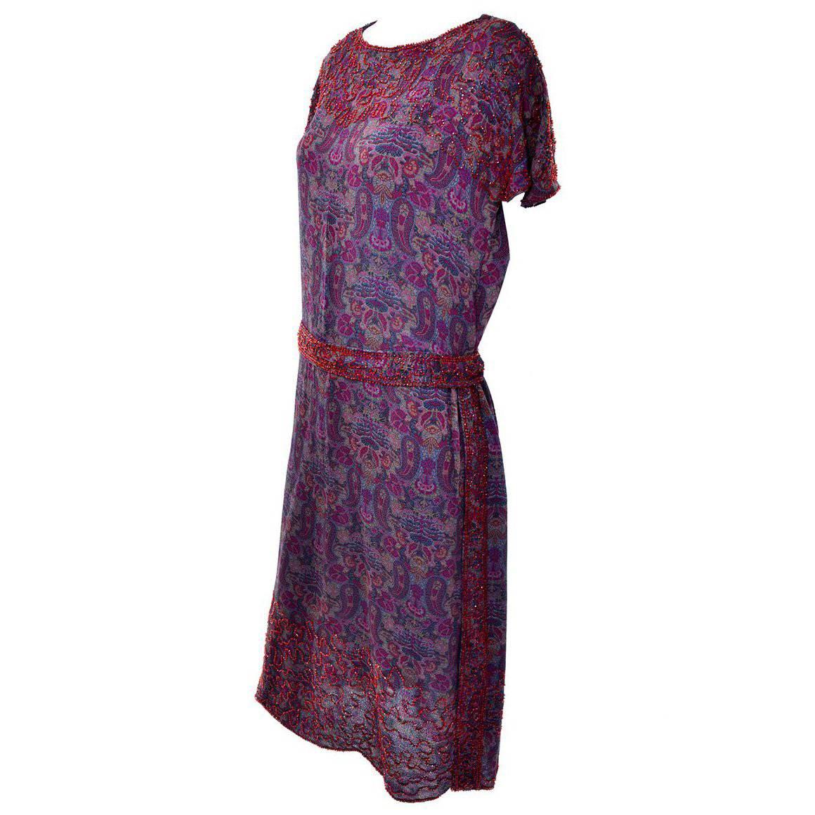 1920s Vintage Beaded Purple Paisley Dress With Red Beads