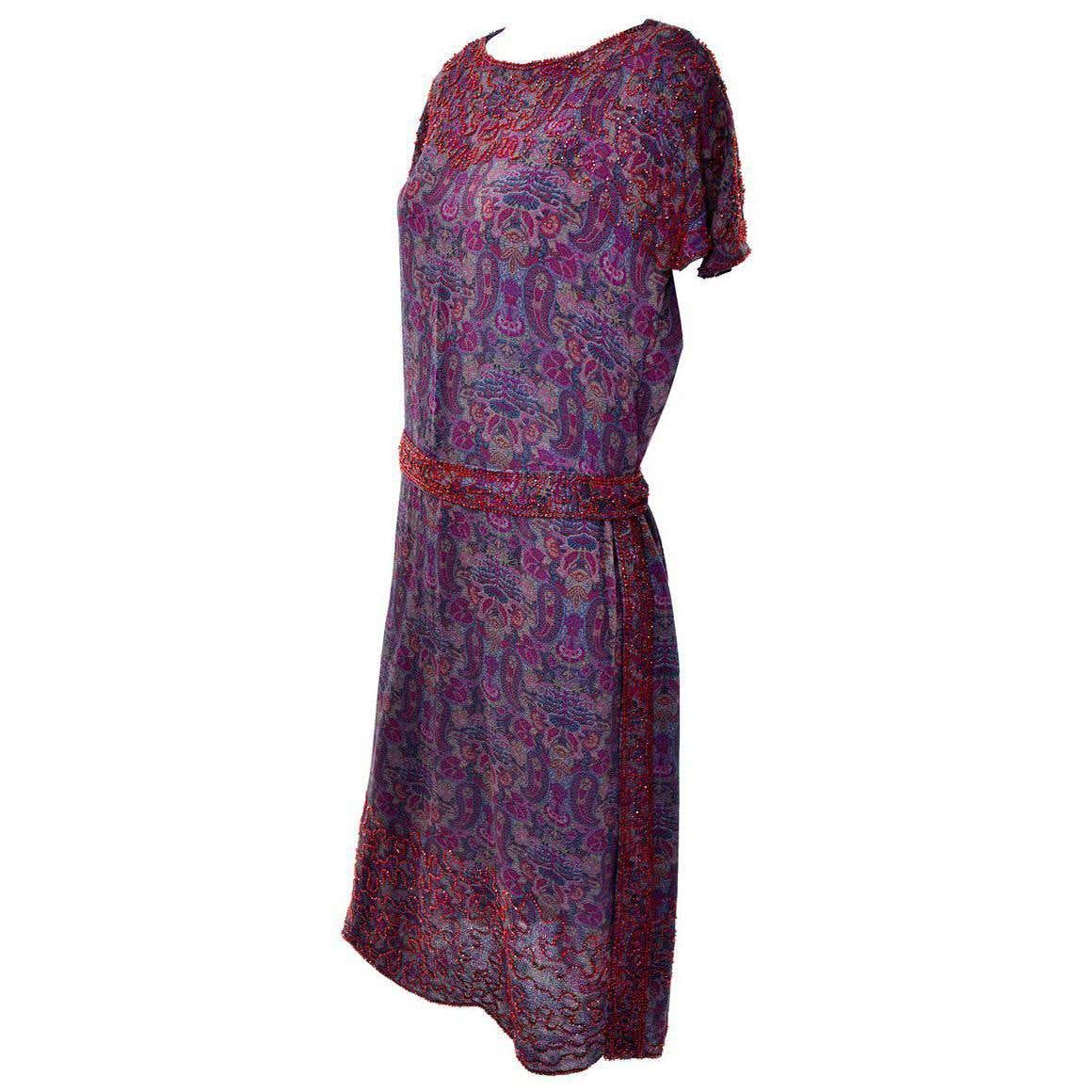 1920s Vintage Beaded Purple Paisley Dress With Red Beads For Sale at ...