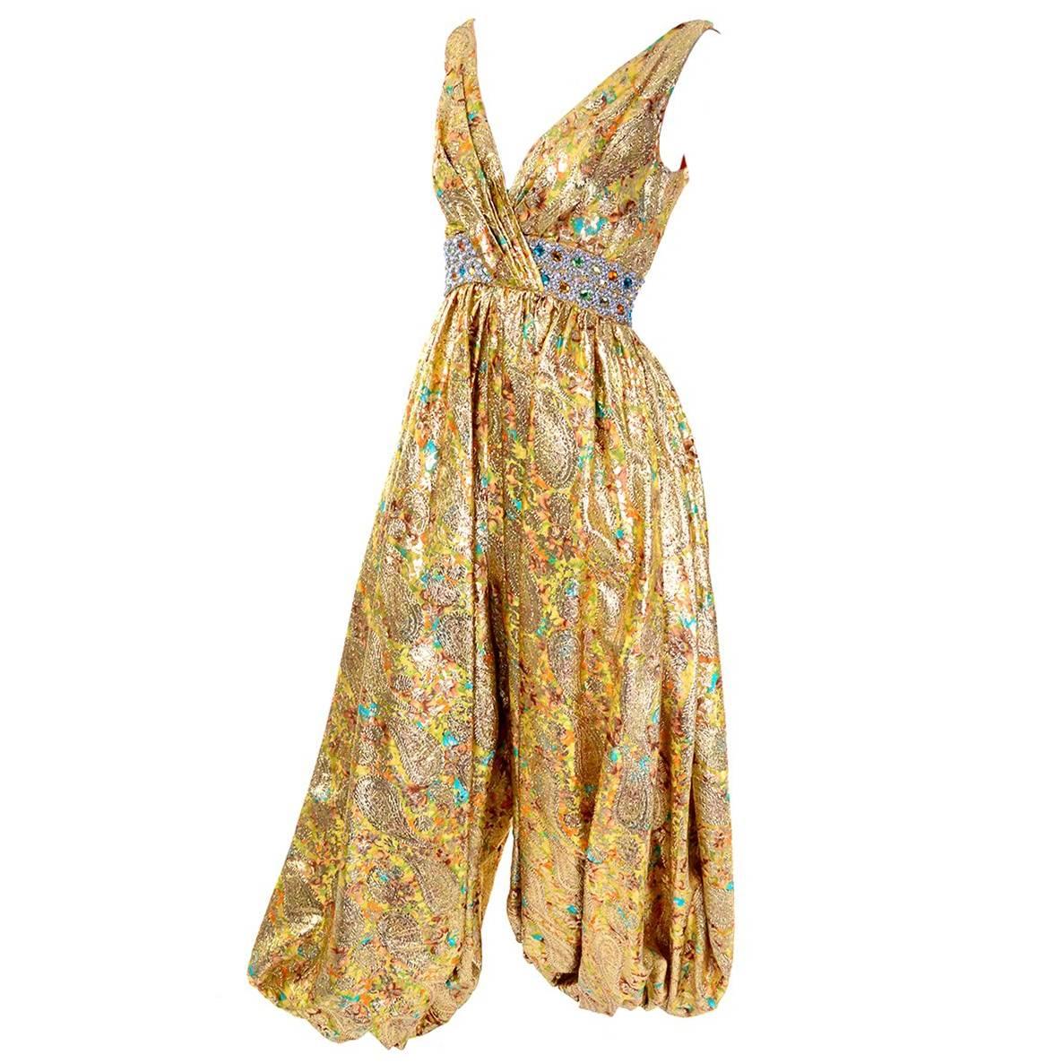 1960s Gold Metallic Harem Vintage Jumpsuit Jeweled Waist 6/8
