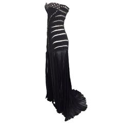 F/W 2004 Runway Atelier Versace Black Sheer Mesh Cut Out Studs Beaded Gown Dress 12