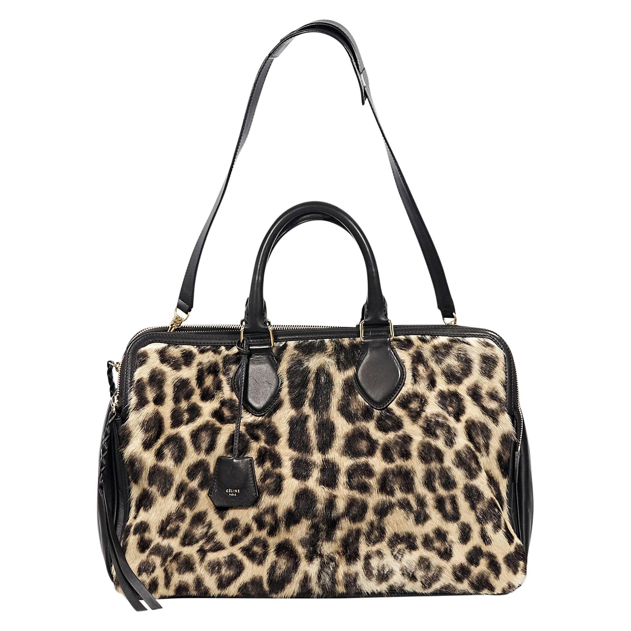 Celine Leopard-Print Fur & Leather Satchel