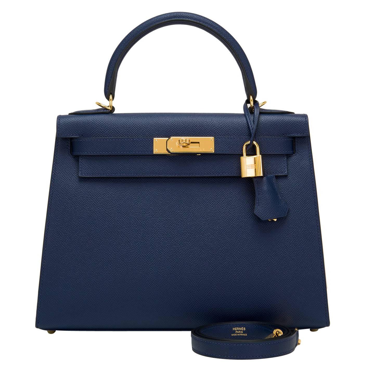 Hermes Blue Sapphire Epsom Sellier Kelly 28cm Gold Hardware For Sale