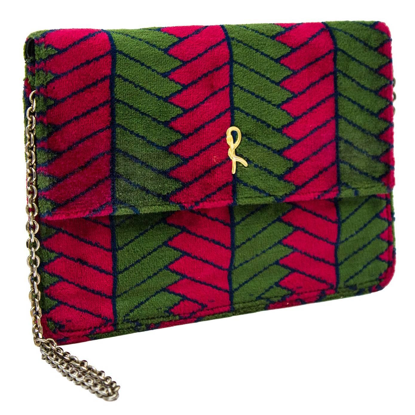 1970's Roberta Di Camerino Green and Magenta Velvet Clutch 