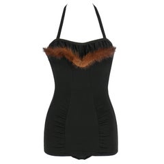 COUTURE c.1950's One Piece Mink Trim Pin-Up Bathing Swim Suit