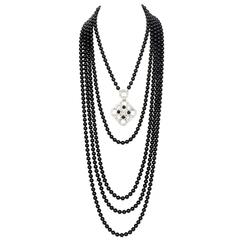 Chanel 2016 Black Beaded 5 Strand Necklace w/ Crystal CC Camellia 10