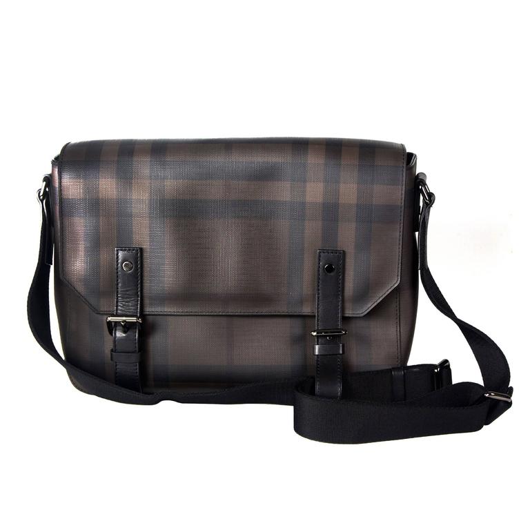 Burberry Messenger Bag Brown Plaid PVC and Leather Black Shoulder