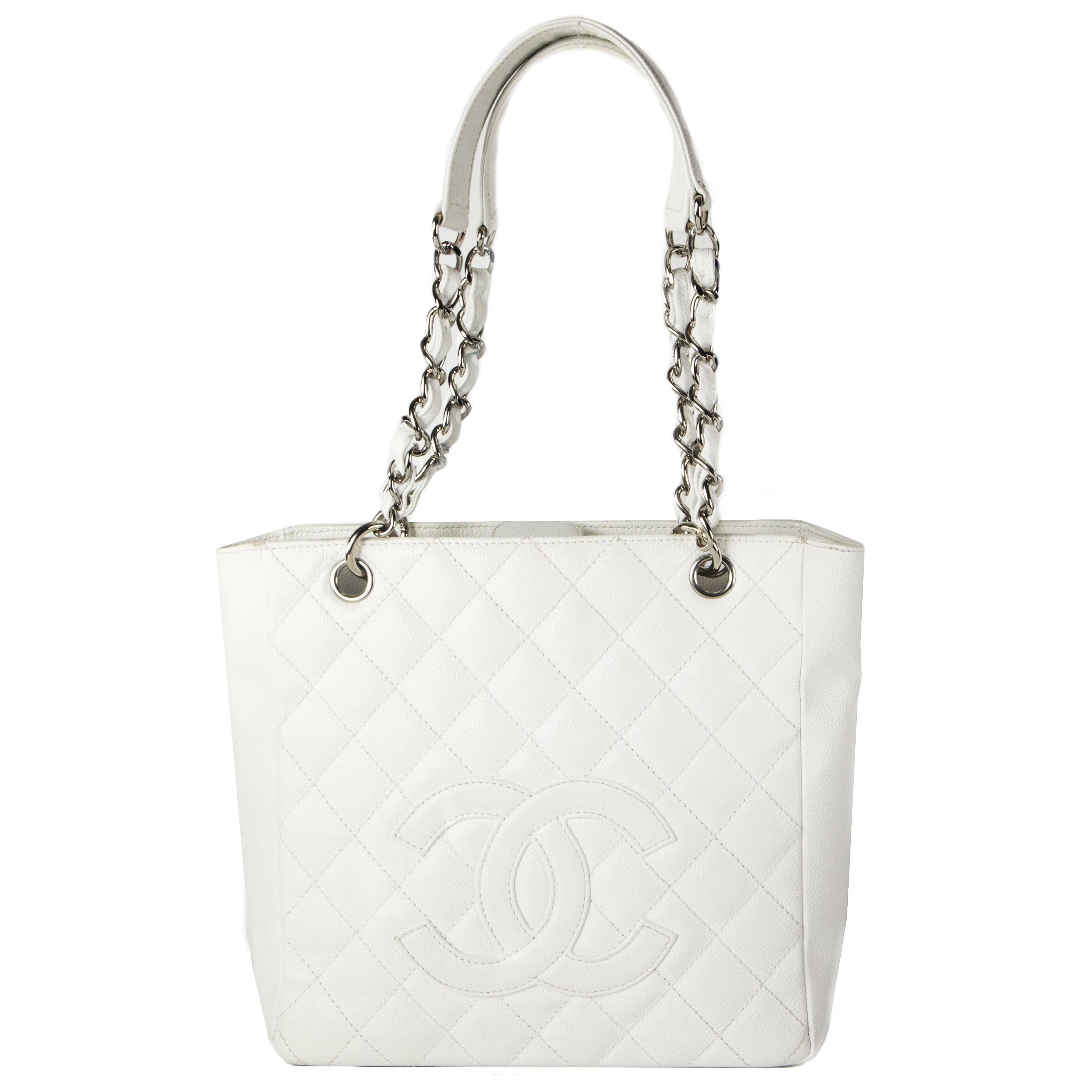 Chanel Caviar Leather Tote Bag - Quilted White CC Logo Chain Silver Small GST