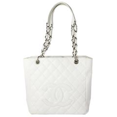 Used Chanel Caviar Leather Tote Bag - Quilted White CC Logo Chain Silver Small GST