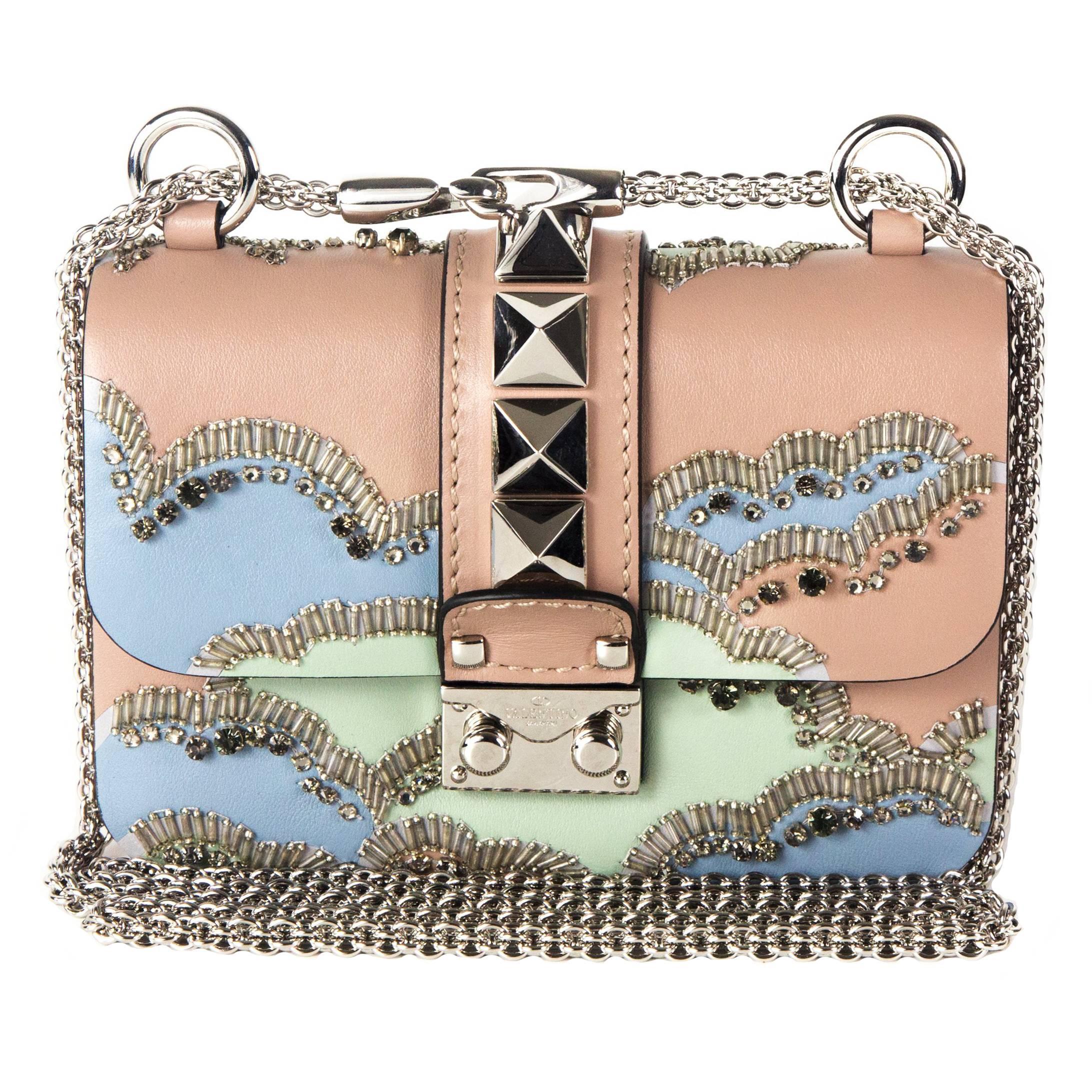 Valentino Bag - New - Pink Glam Lock Crystal Bead Rockstud Studded Handbag Bag