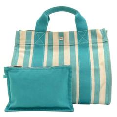 Hermes Cannes PM Cyan x Ivory Canvas Tote Hand Bag