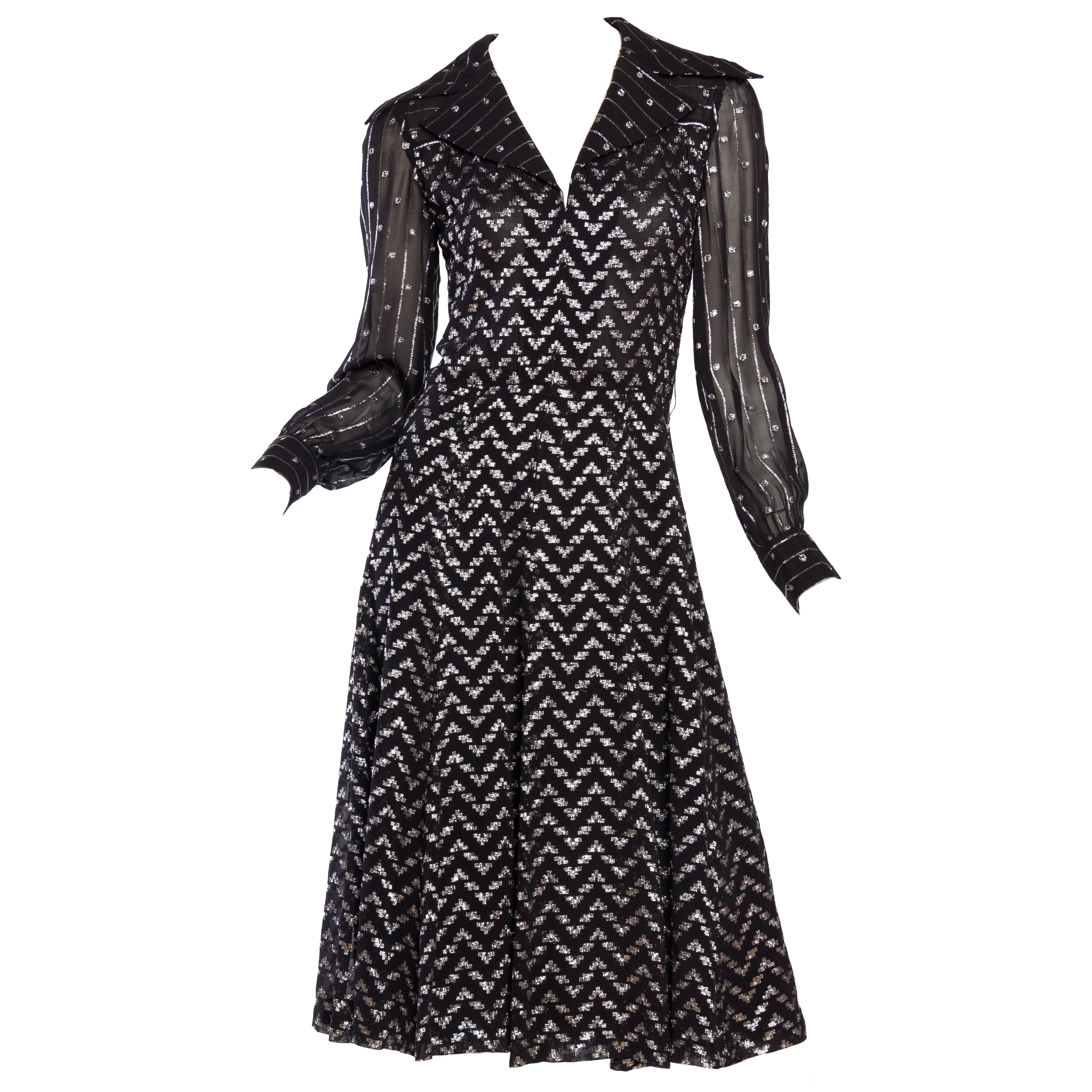 1970s Sheer and Metallic Flowy Little Black Dress