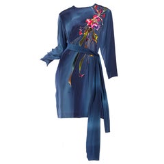 Retro 1980S Blue  & Pink Silk Crepe De Chine Hand Painted Tunic Dress