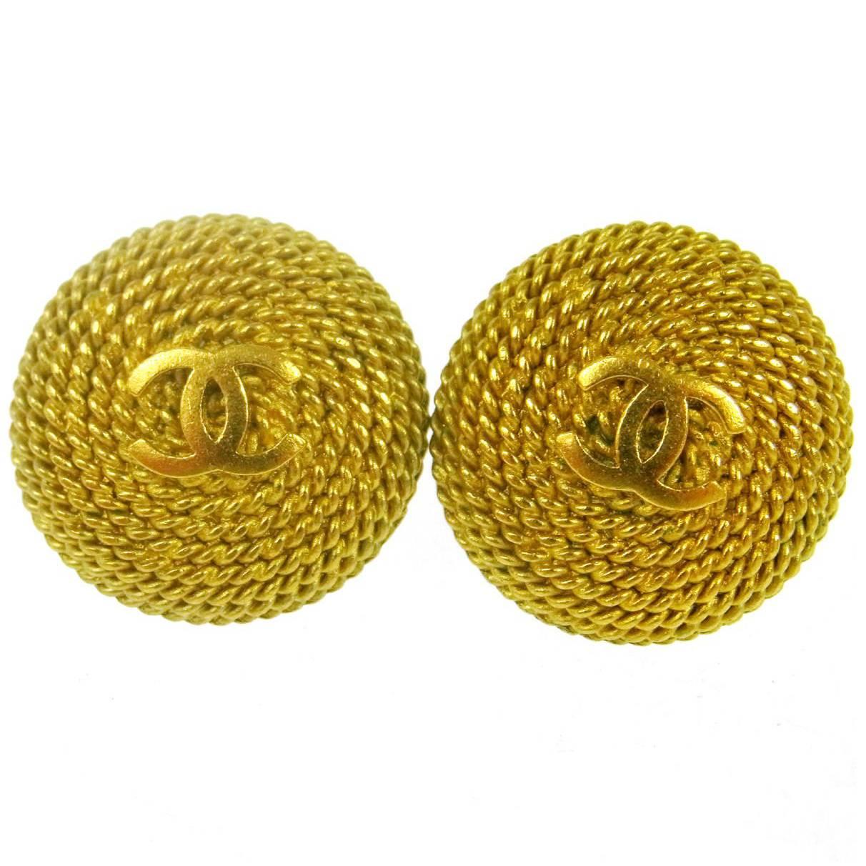 Chanel Vintage Gold Braided Texture Charm Stud Evening Earrings