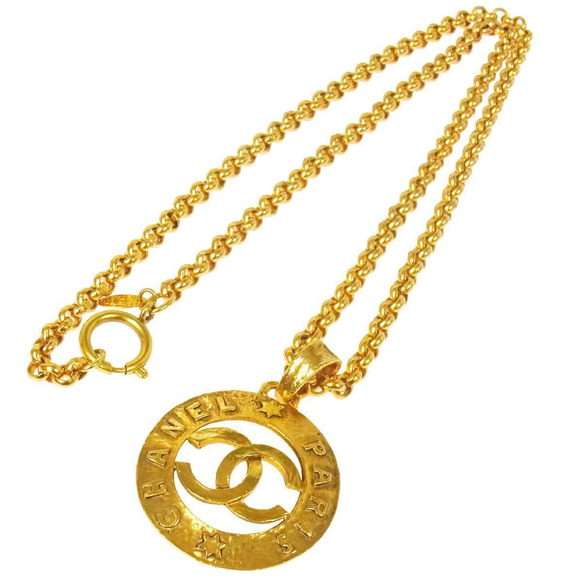 Chanel Vintage Gold Large Coin Charm Pendant Long Drape Necklace in Box