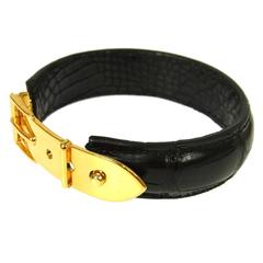 Vintage Gucci Black Leather Gold Buckle Men's Women's Cuff Bracelet in Box