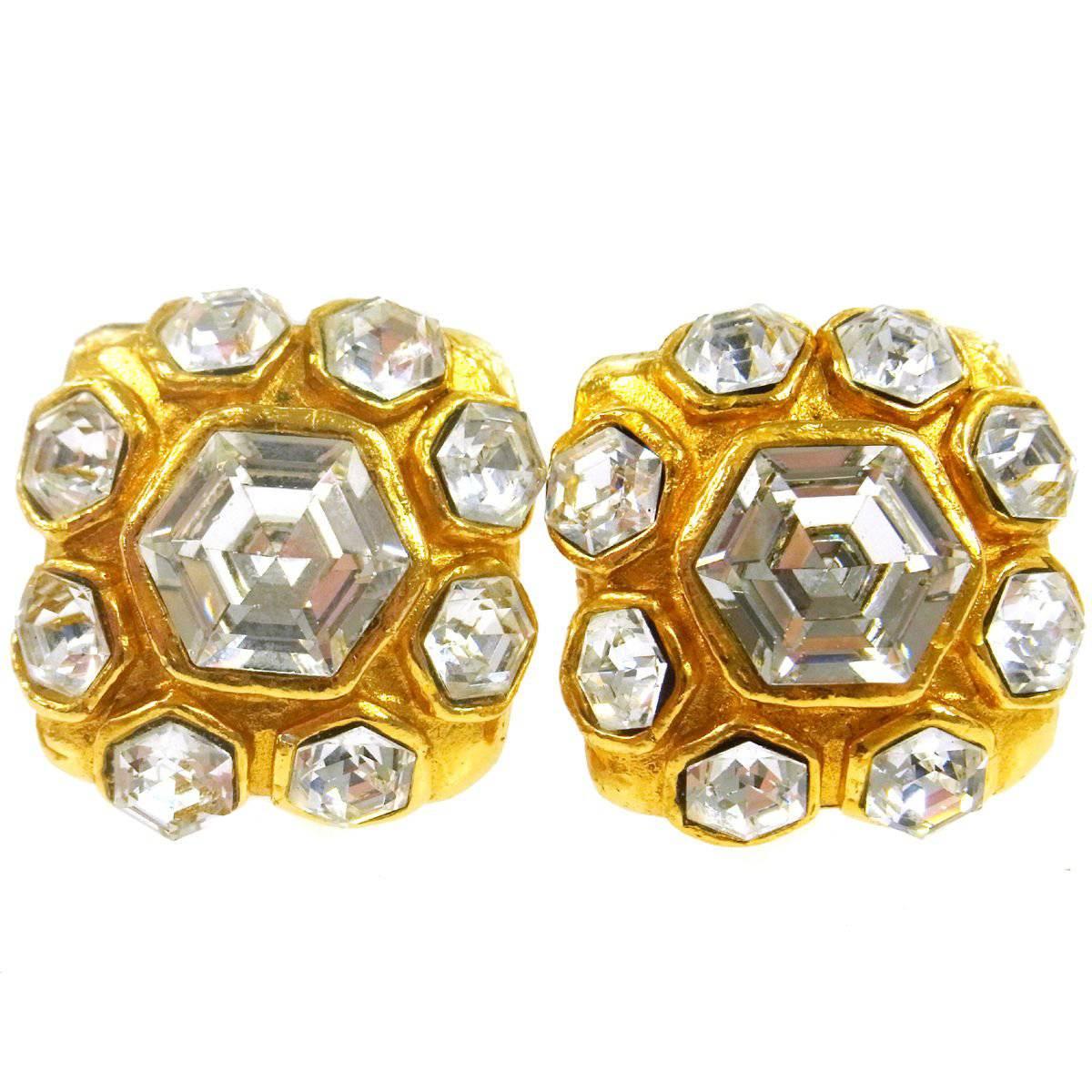 Chanel Vintage Gold Octagon Jewel Evening Stud Earrings