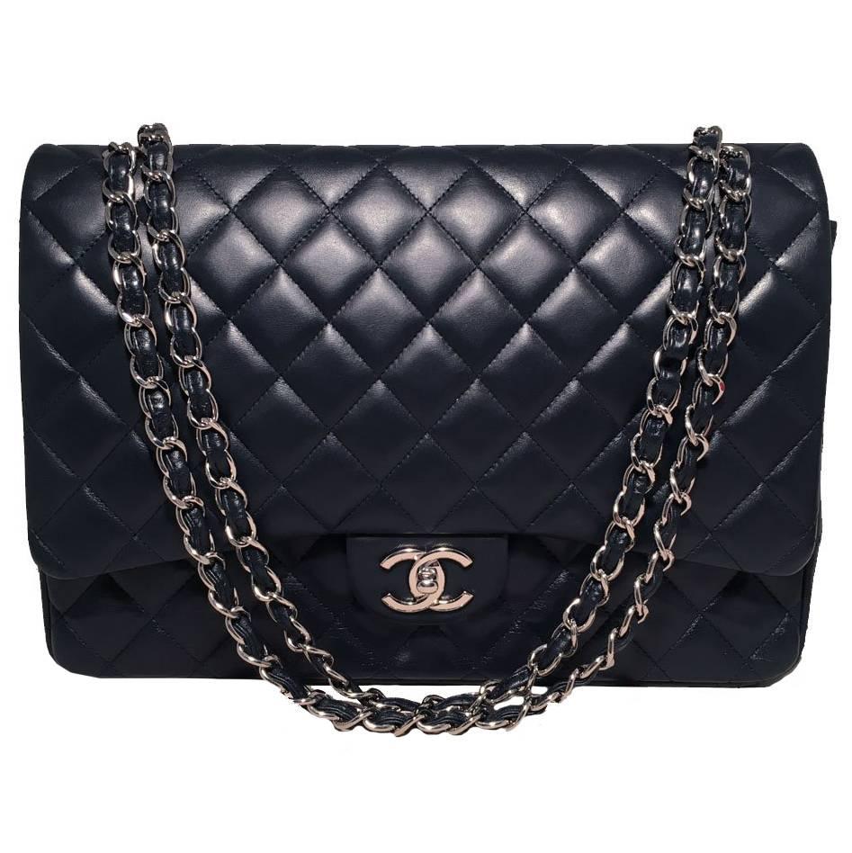 Chanel Navy Blue Quilted Lambskin Leather 2.55 Maxi Double Flap Classic