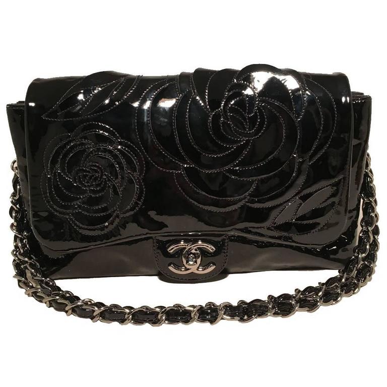 Chanel Black Patent Leather Camellia Flower Classic Flap Shoulder Bag