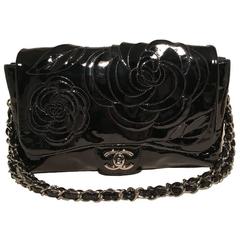 Chanel Black Patent Leather Camellia Flower Classic Flap Shoulder Bag ...