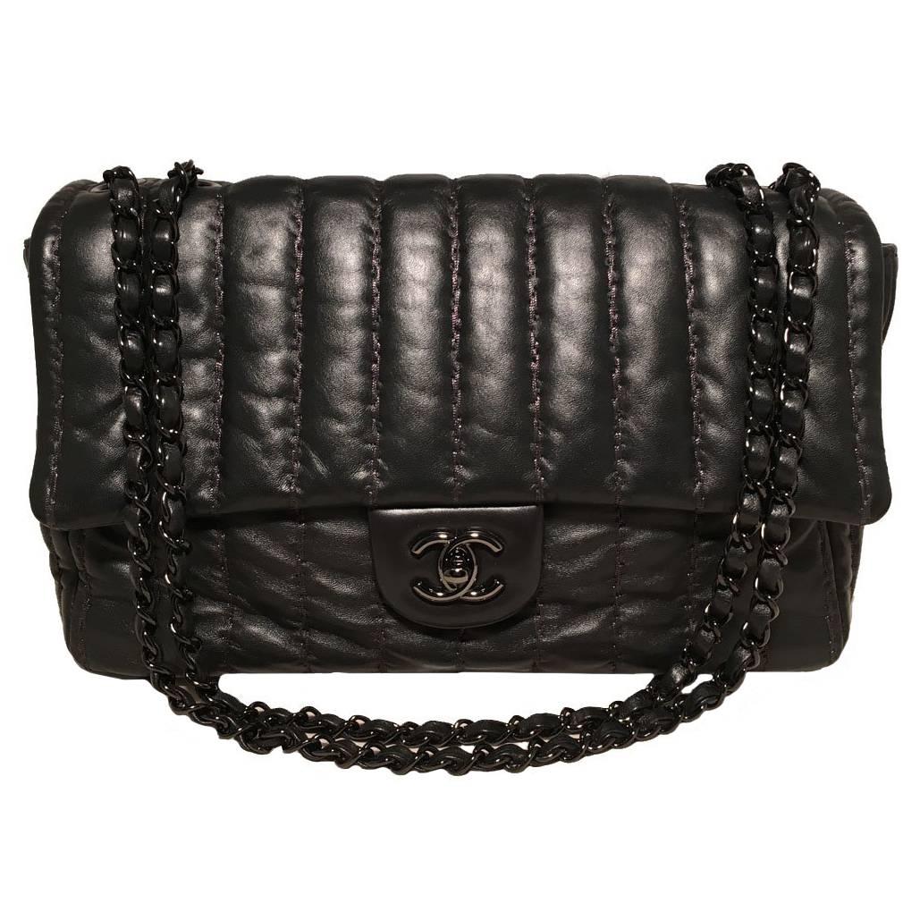Chanel Black Shimmery Leather Striped Quilted Jumbo Classic Flap 