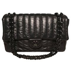 RARE Chanel Black Shimmery Leather Striped Quilted Jumbo Classic Flap 8