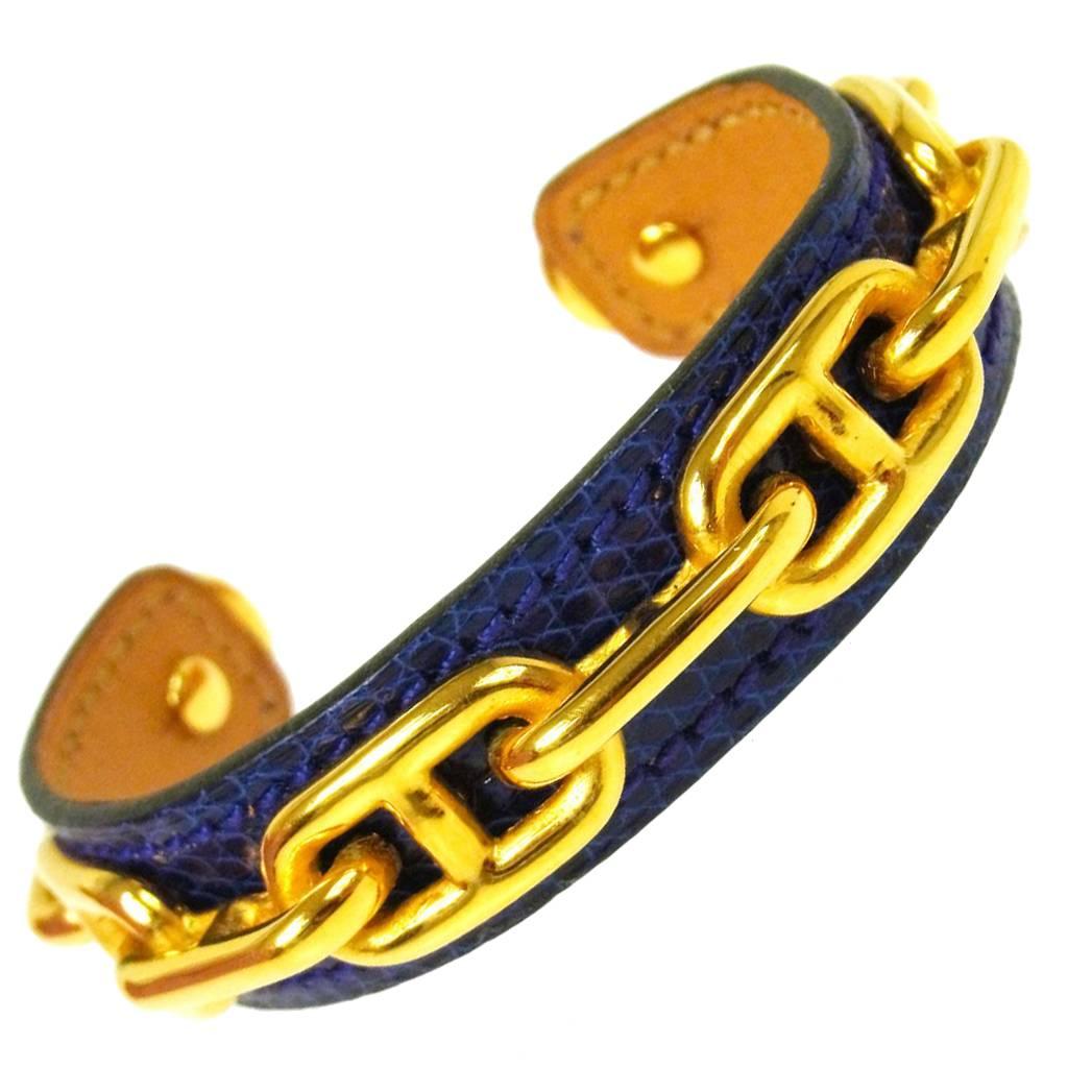 Hermes Gold Chain Leather Charm Cuff Bracelet