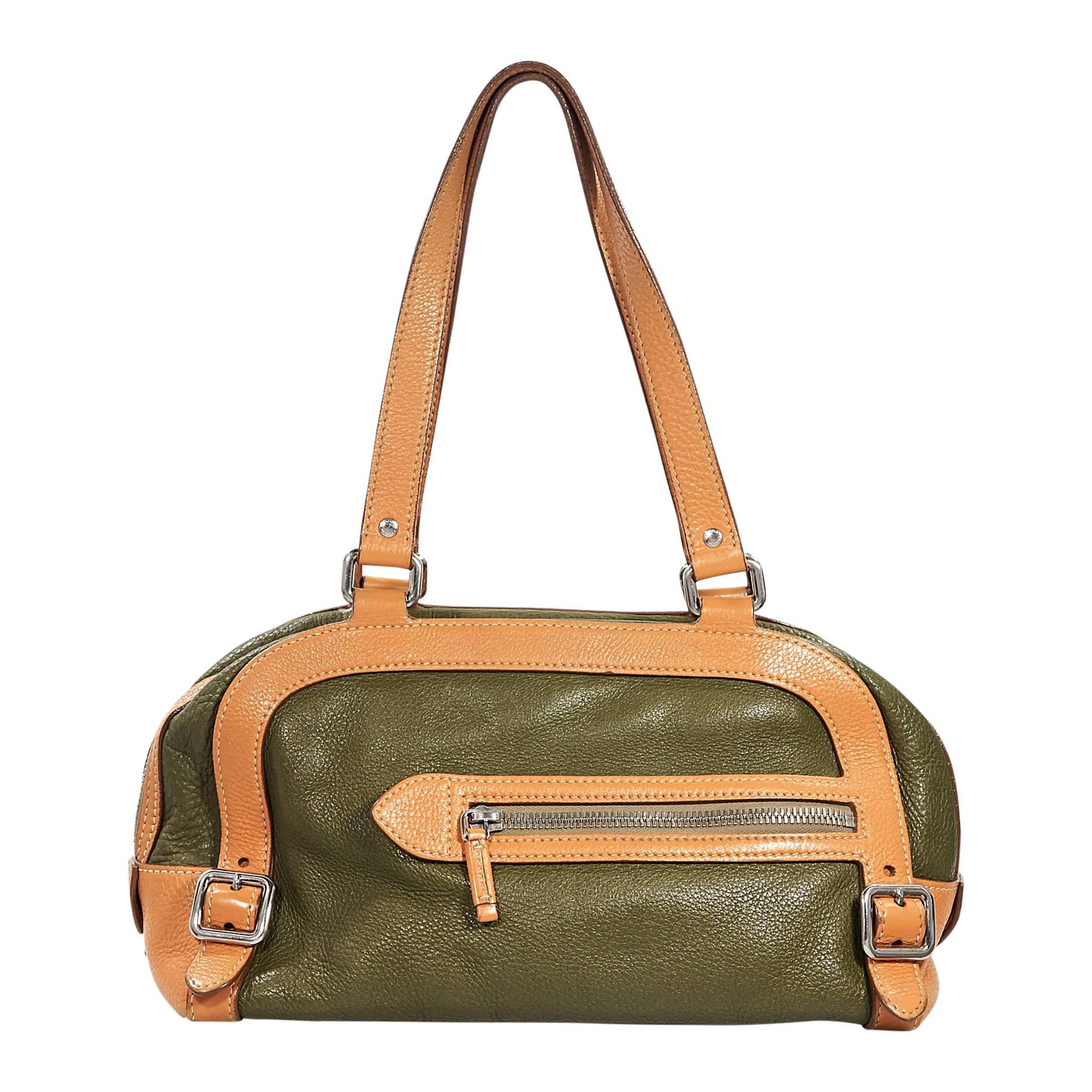 Green & Tan Prada Leather Shoulder Bag