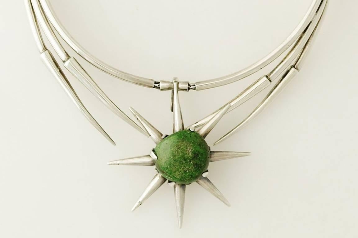 Salvador Teran Sterling Silver Jade Modernist Starburst Necklace For Sale 1