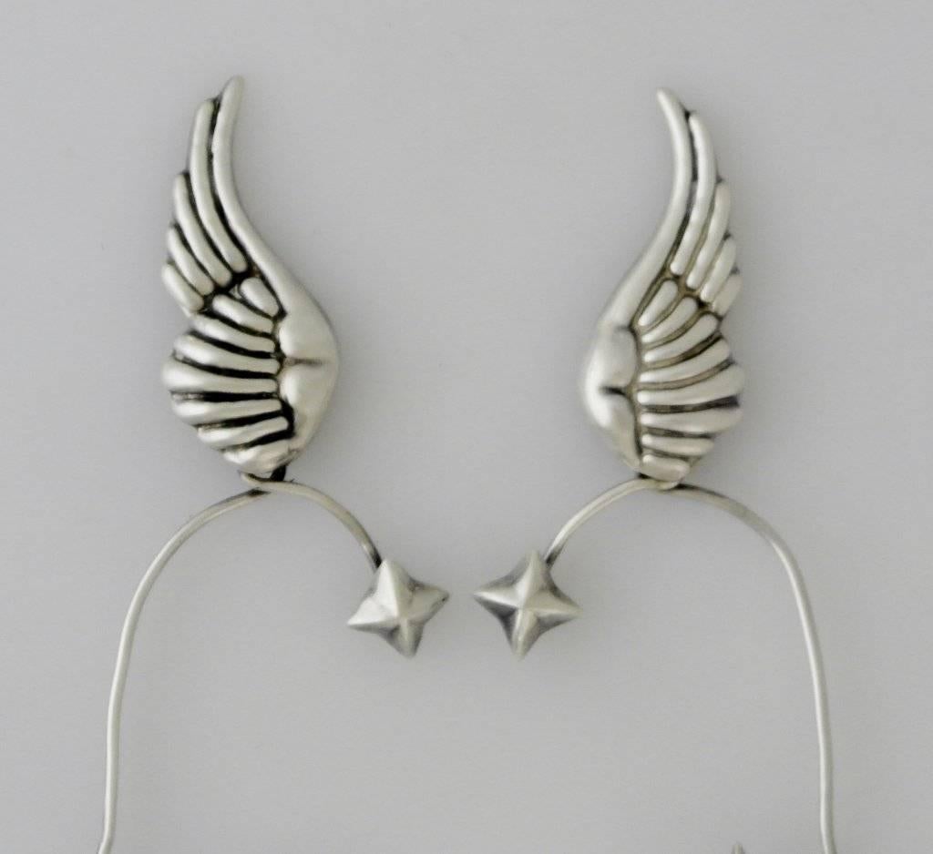 Hubert Harmon Taxco Sterling Silver Wings and Stars Wrap Around Earrings For Sale 3