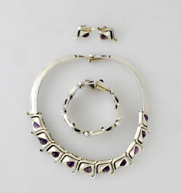  Modernist Taxco .970 Amethyst Silver Necklace Bracelet and Earring Set For Sale 2