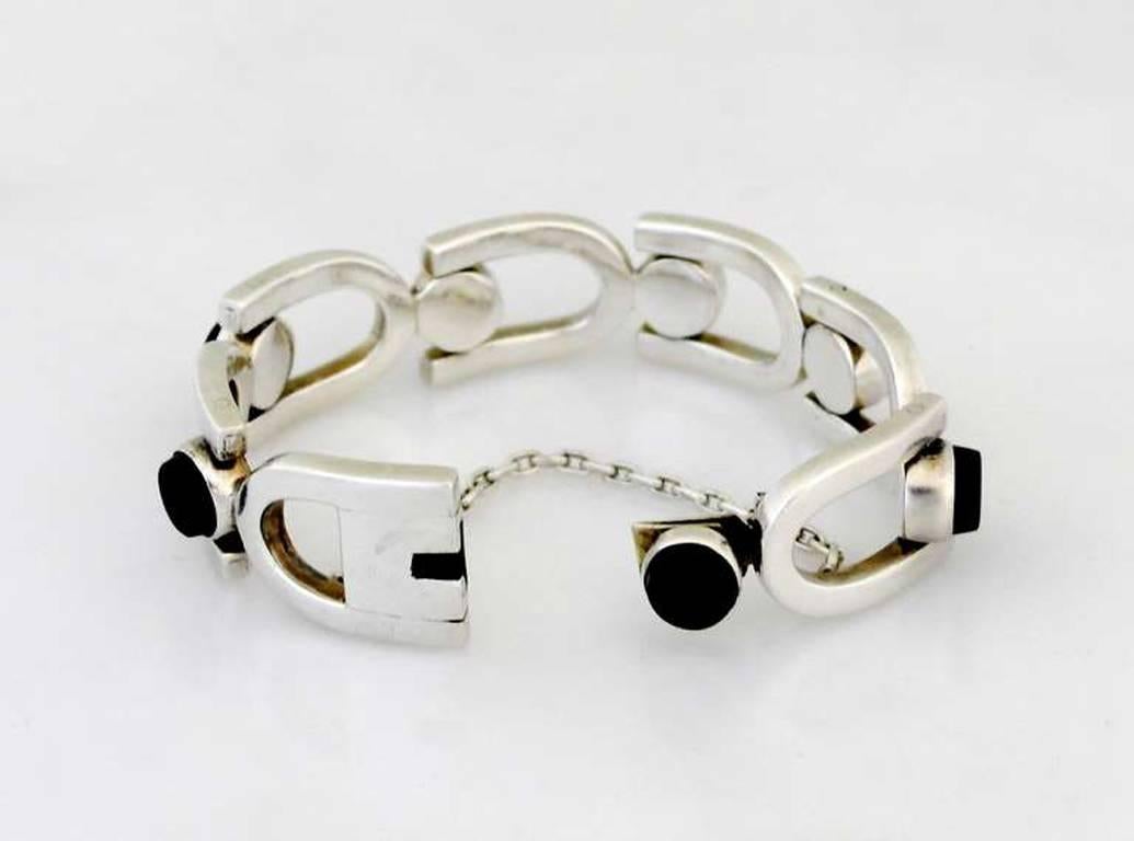 MODERNIST 1960 Antonio Pineda .970 Silver Onyx Bracelet U-shaped Links For Sale 2