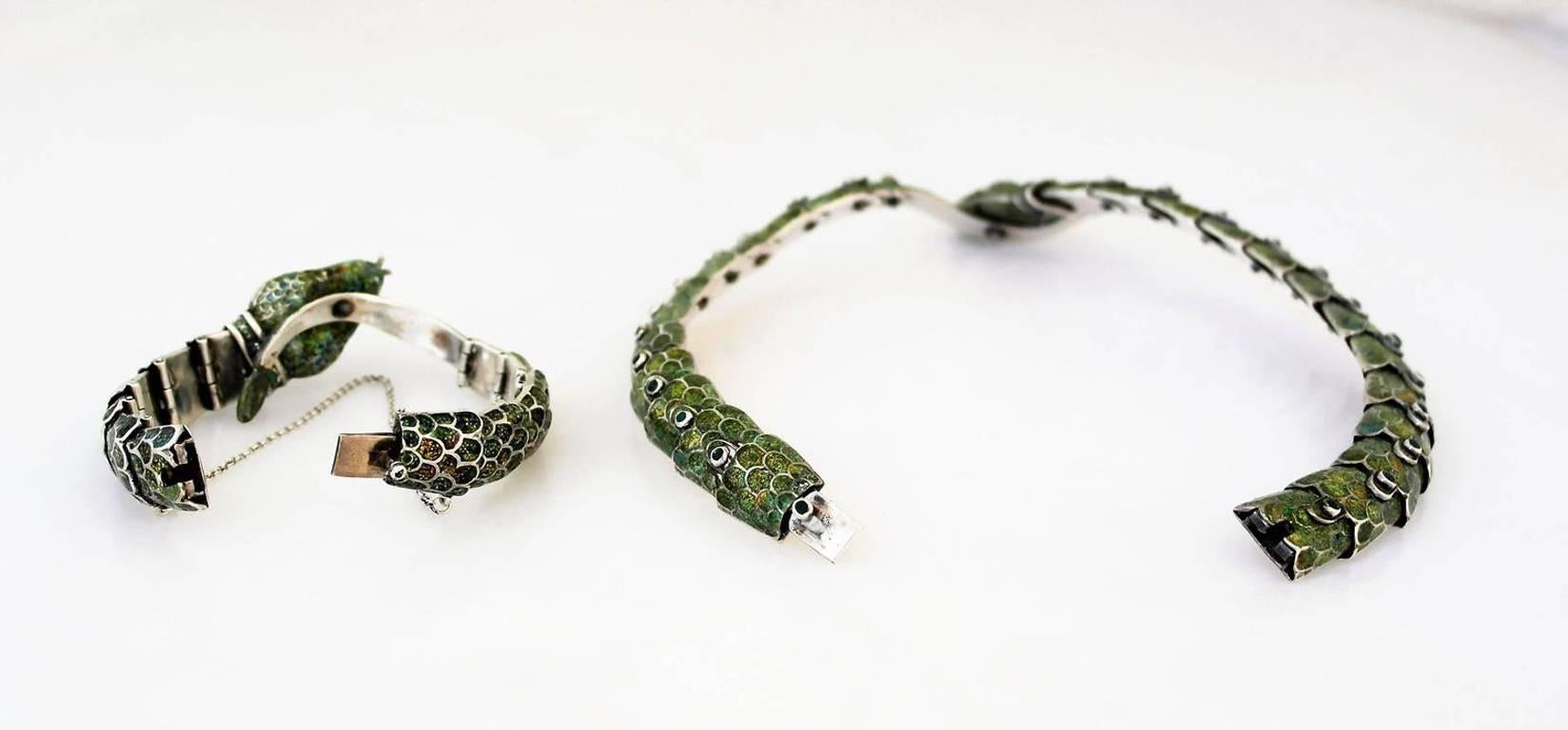 Margot De Taxco Sterling Silver  Enamel Snake Necklace and Bracelet For Sale 6