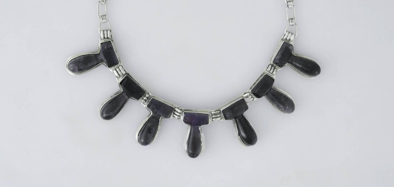 Taxco Sterling Silver and Amethysts Drop Necklace For Sale 2