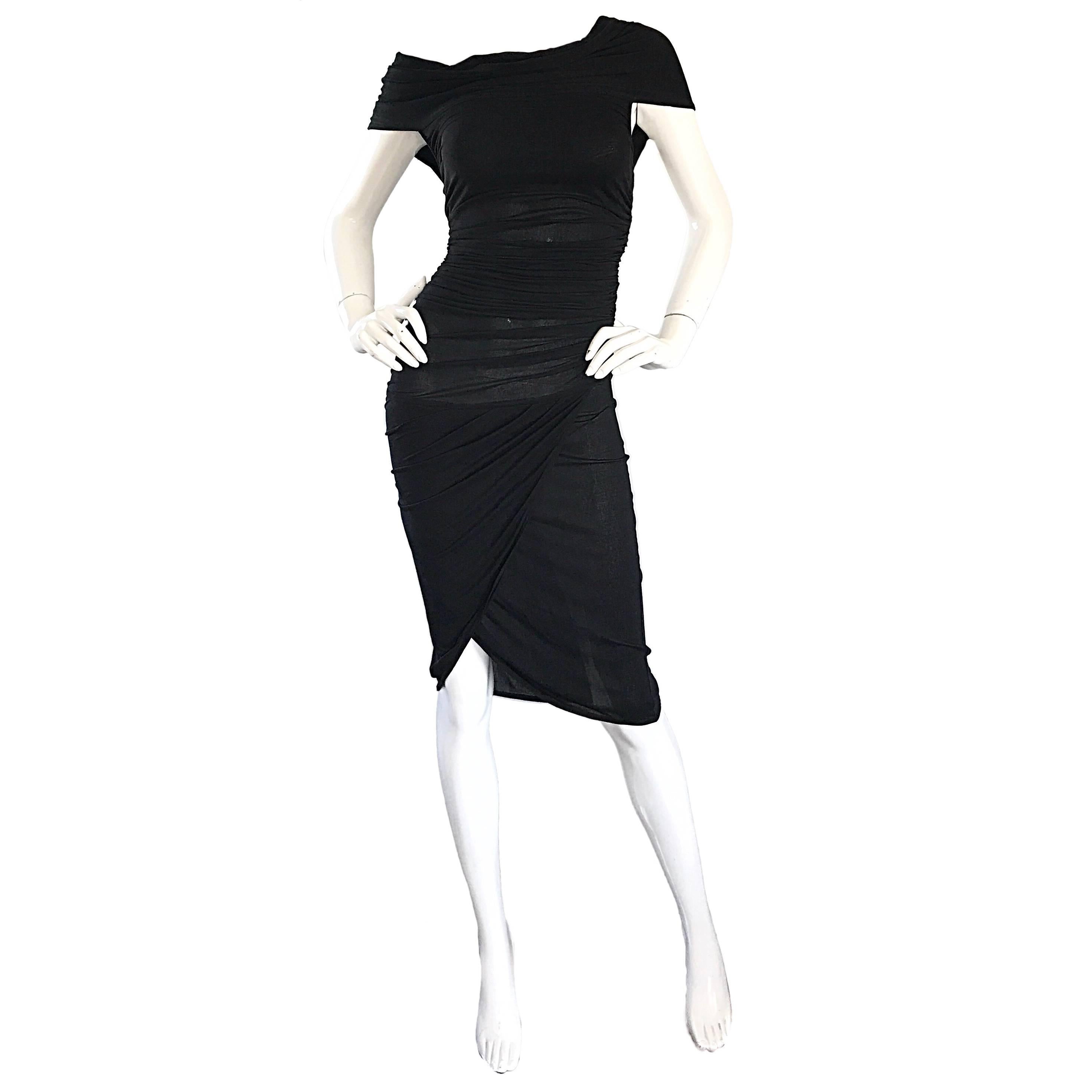 1990s Celine Sexy Off Shoulder Semi Sheer Asymmetrical Bodycon Black Dress