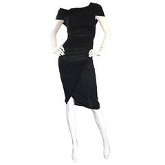 1990 Celine Sexy Off Shoulder Semi Sheer Asymmetrical Bodycon Black Dress