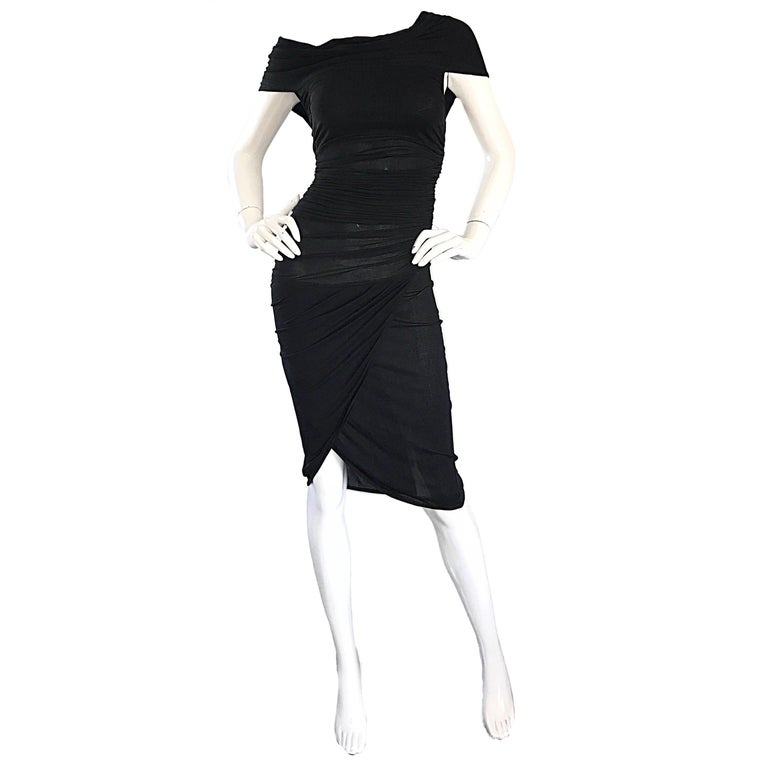 90s off the shoulder dress 90s Vintage Betsey Adams Black Off Shoulder Knee Length Cocktail Wiggl   BlondesInHeaven
