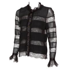 Vintage Chanel Black Silk & Lace Blouse Top